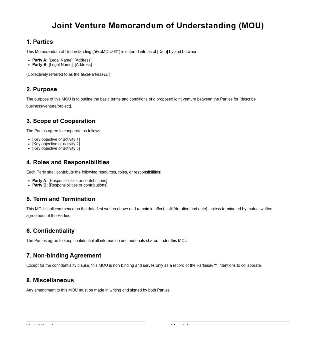 Joint Venture Memorandum of Understanding Sample
