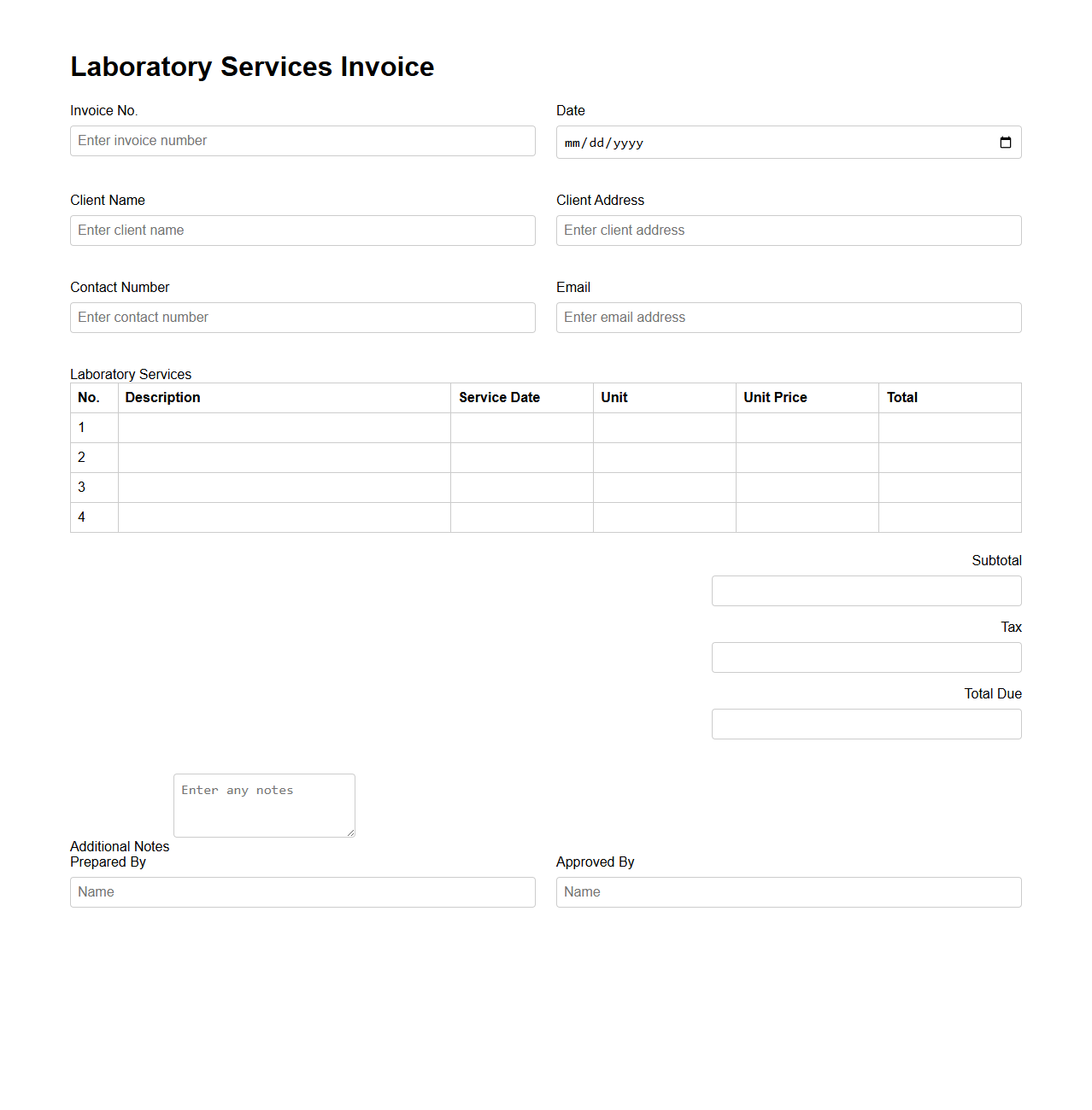 Laboratory Services Blank Invoice Form