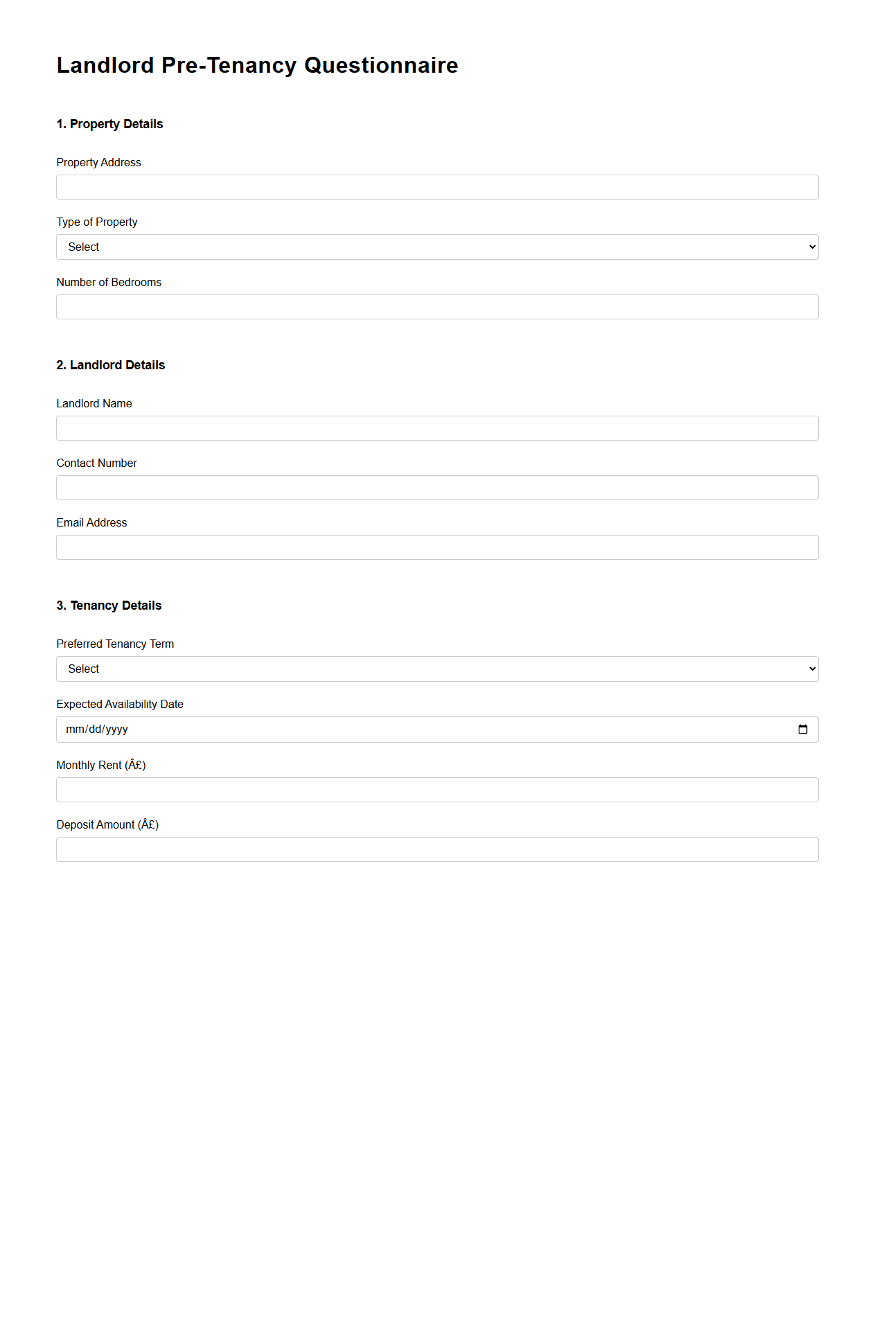 Landlord Pre-Tenancy Questionnaire Format