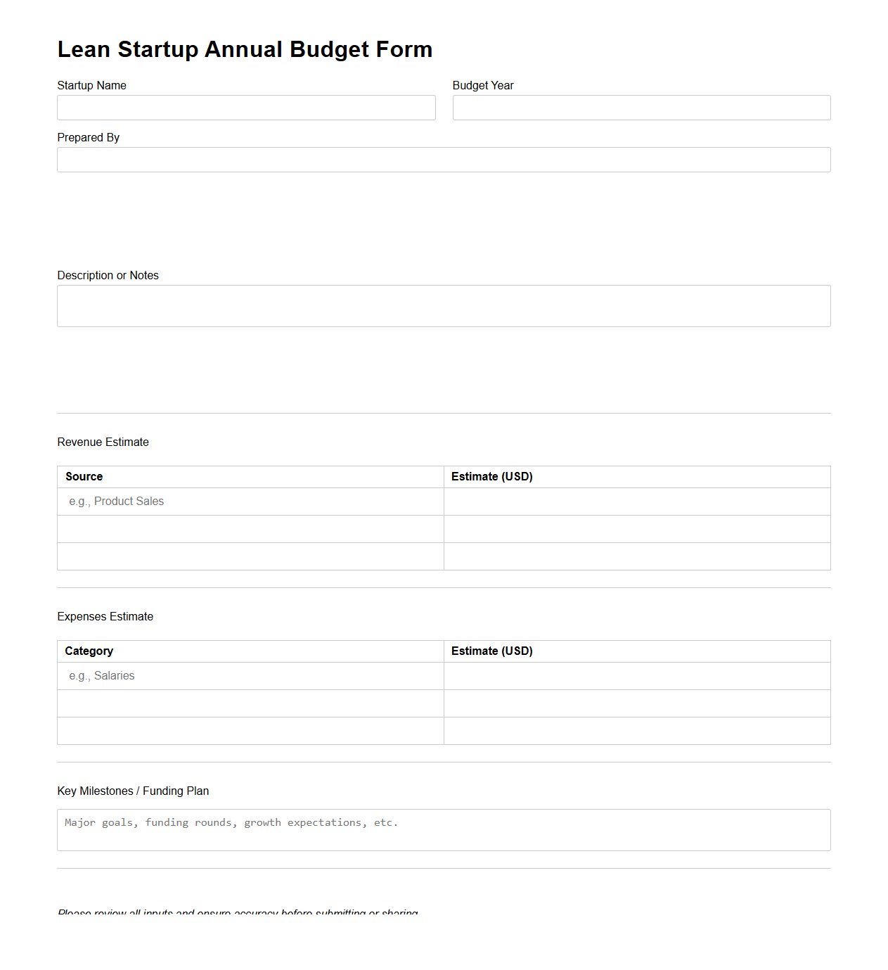 Lean Startup Annual Budget Form