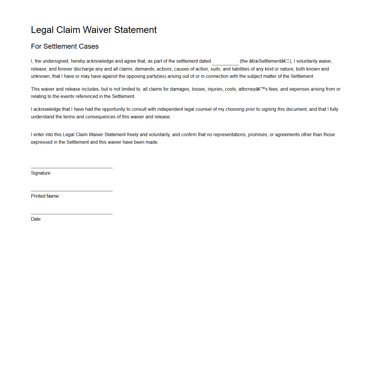 Legal Claim Waiver Statement for Settlement Cases