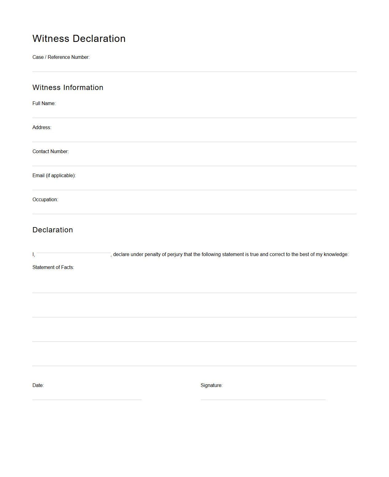 Legal Witness Declaration Document Template