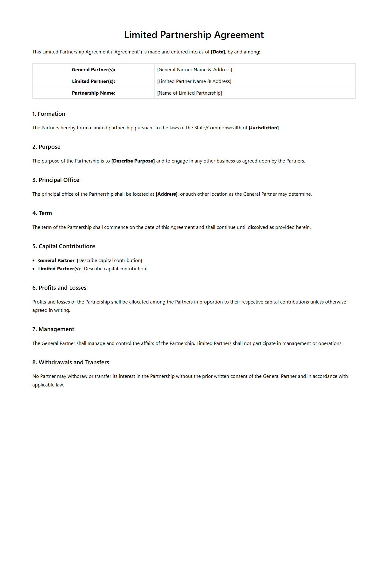 Limited Partnership Agreement Template
