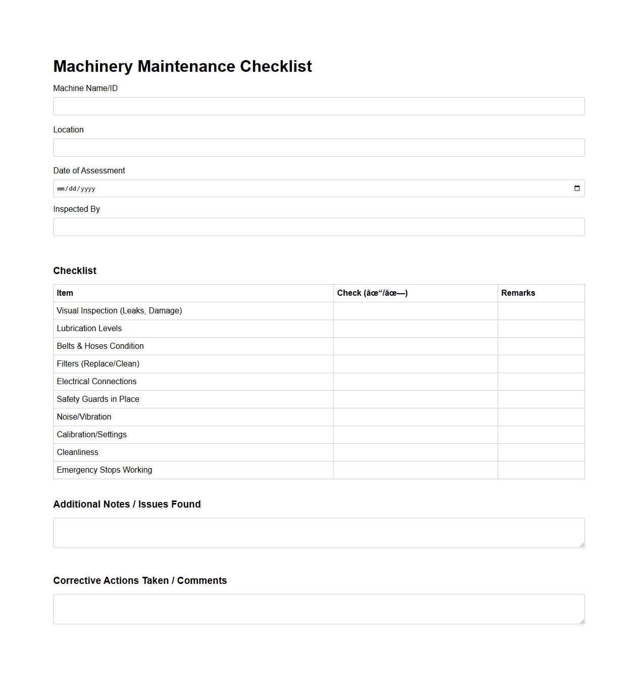 Machinery Maintenance Checklist Form for Regular Assessments