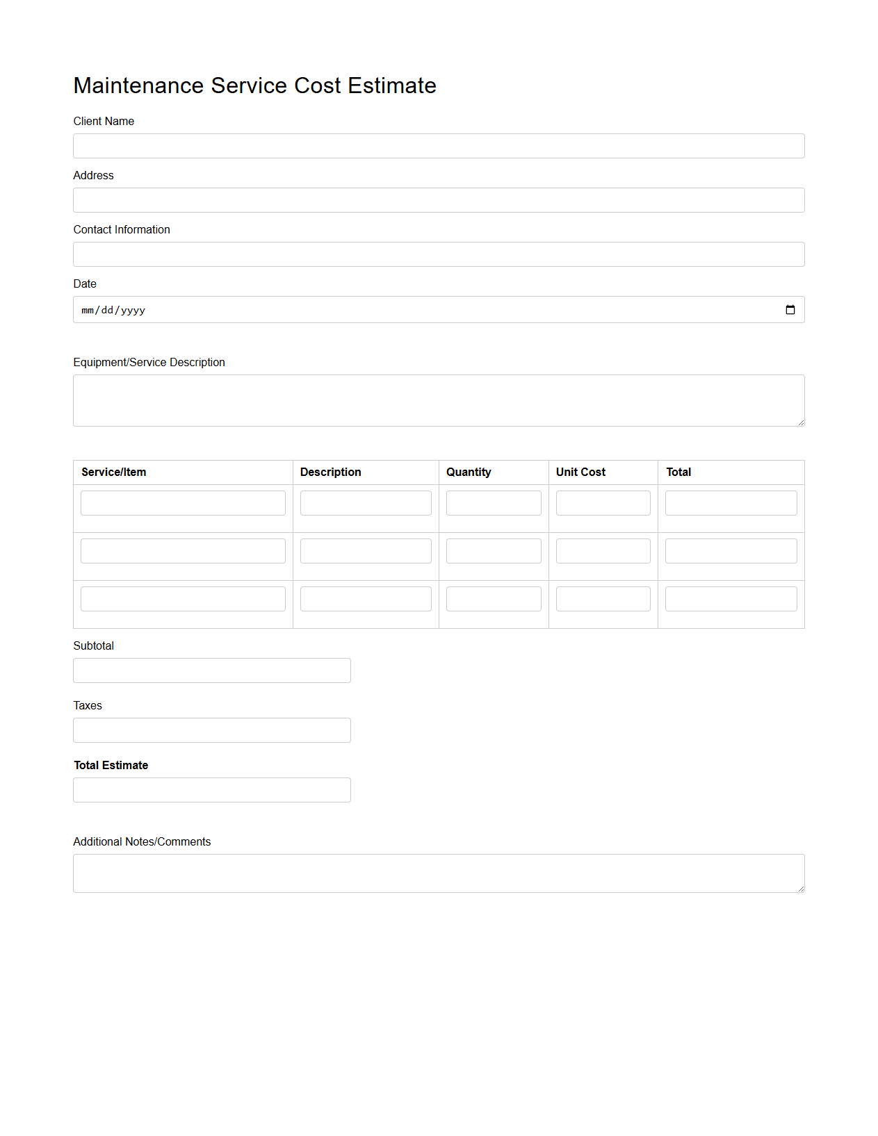 Maintenance Service Cost Estimate Template for Technicians