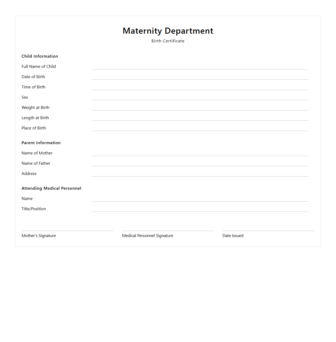 Maternity Department Birth Certificate Template