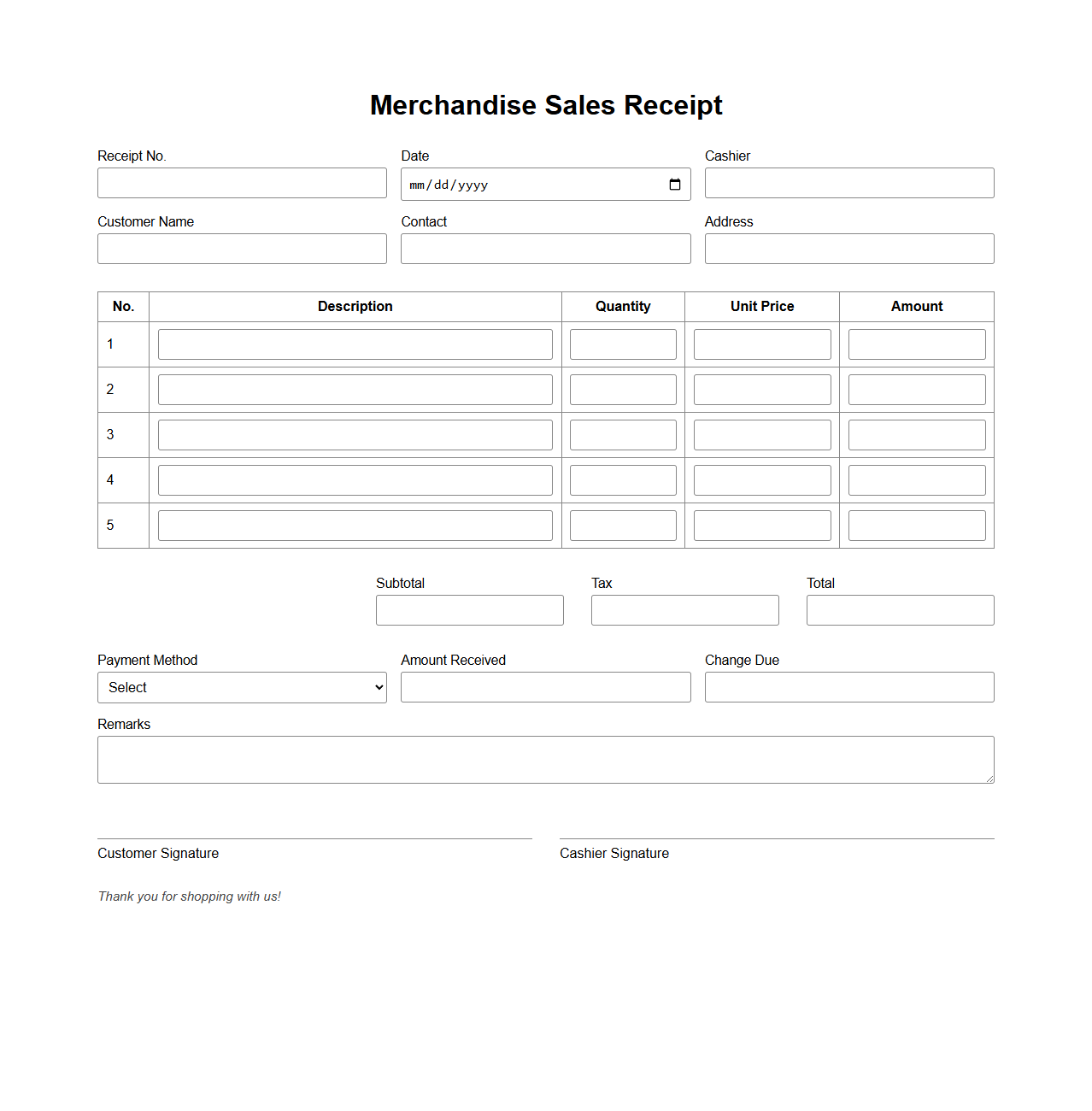 Merchandise Sales Receipt Form for Shops