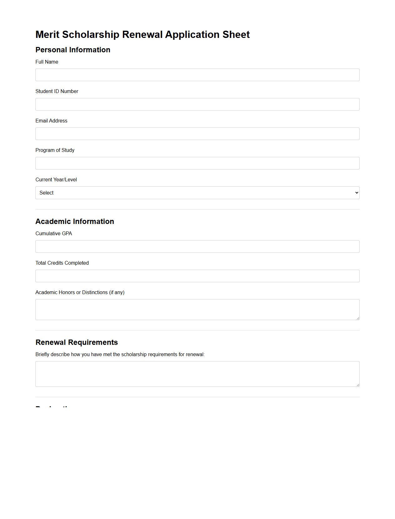 Merit Scholarship Renewal Application Sheet