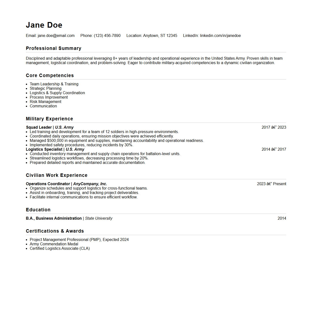 Military Background Civilian Employment Resume