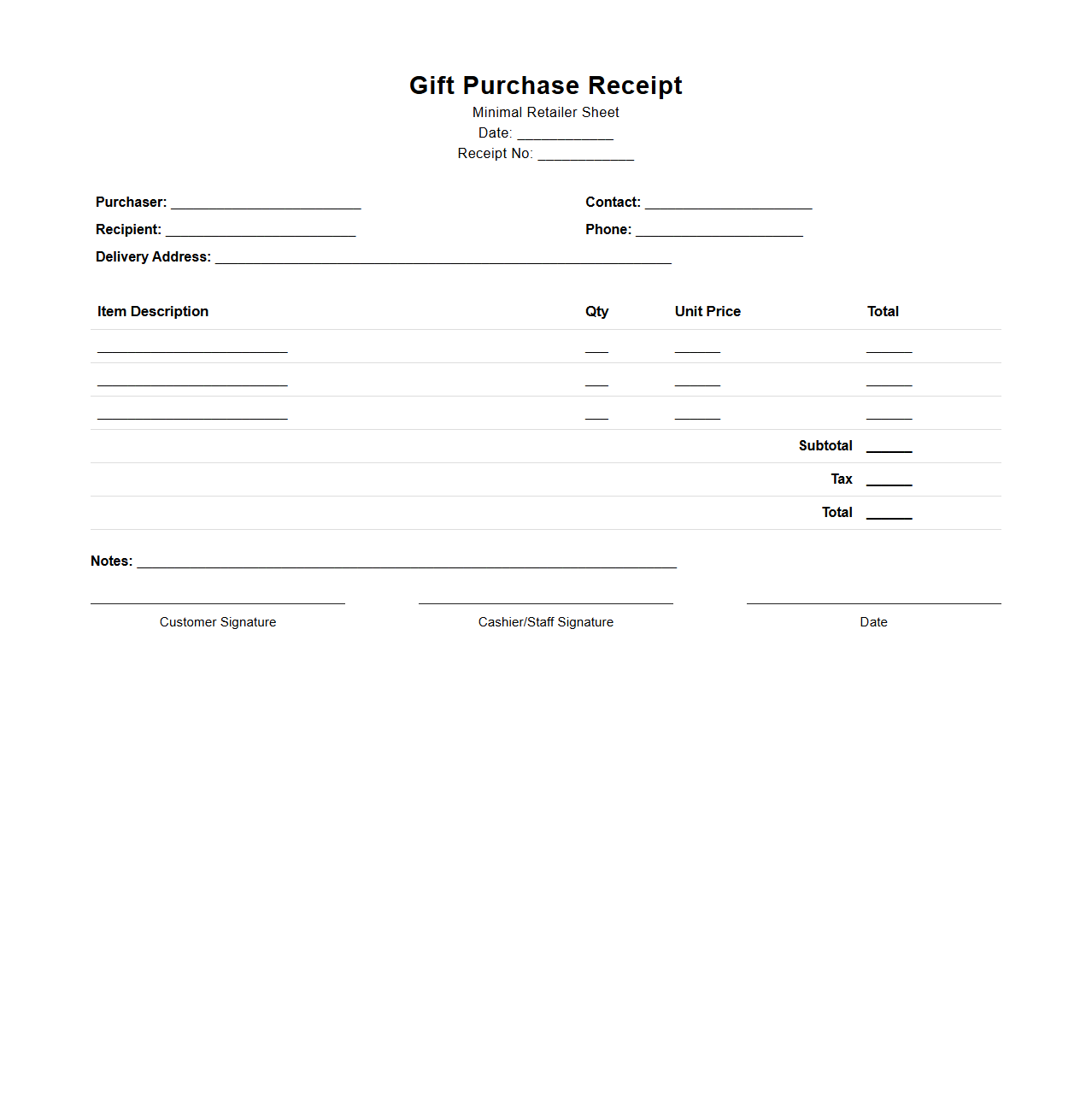 Minimal Gift Purchase Receipt Sheet for Retailers