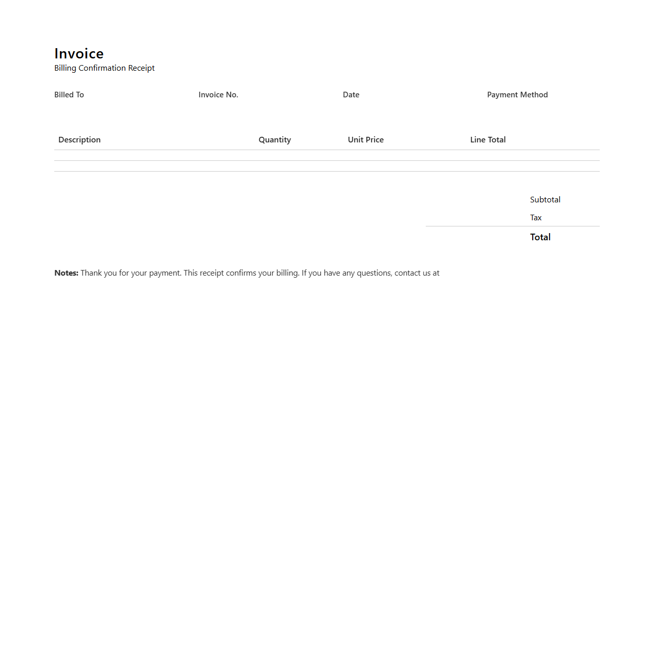 Minimalist Billing Confirmation Invoice Receipt Format