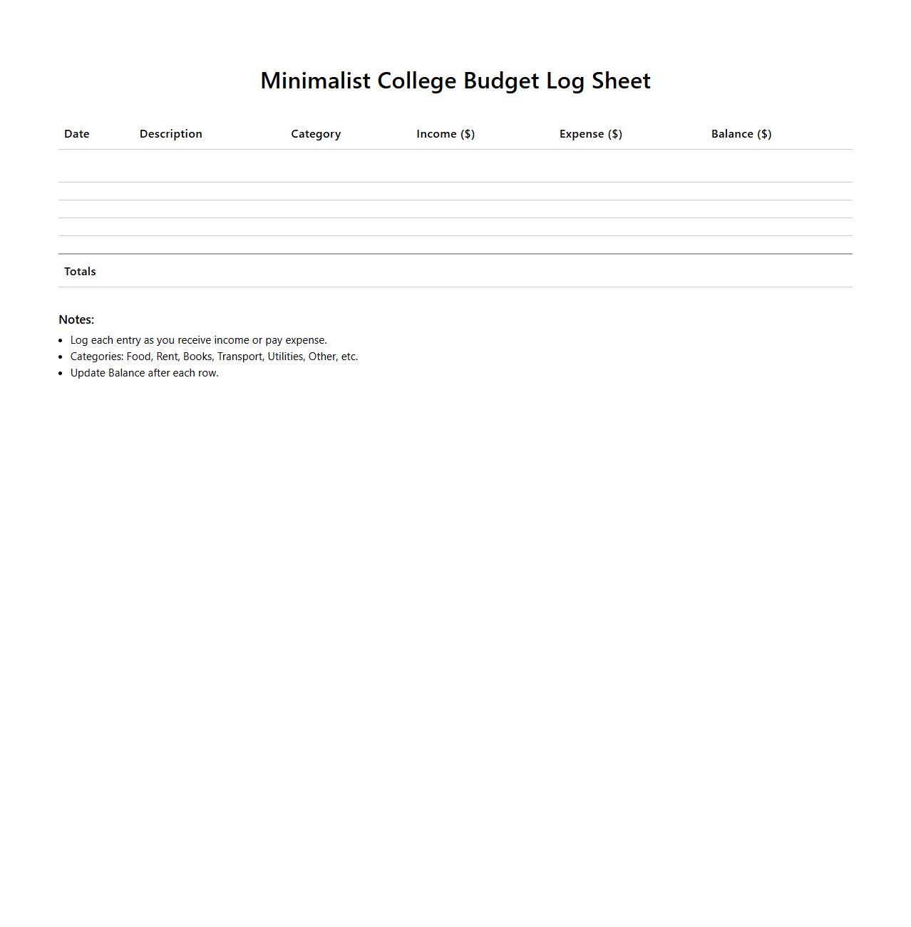 Minimalist College Budget Log Sheet