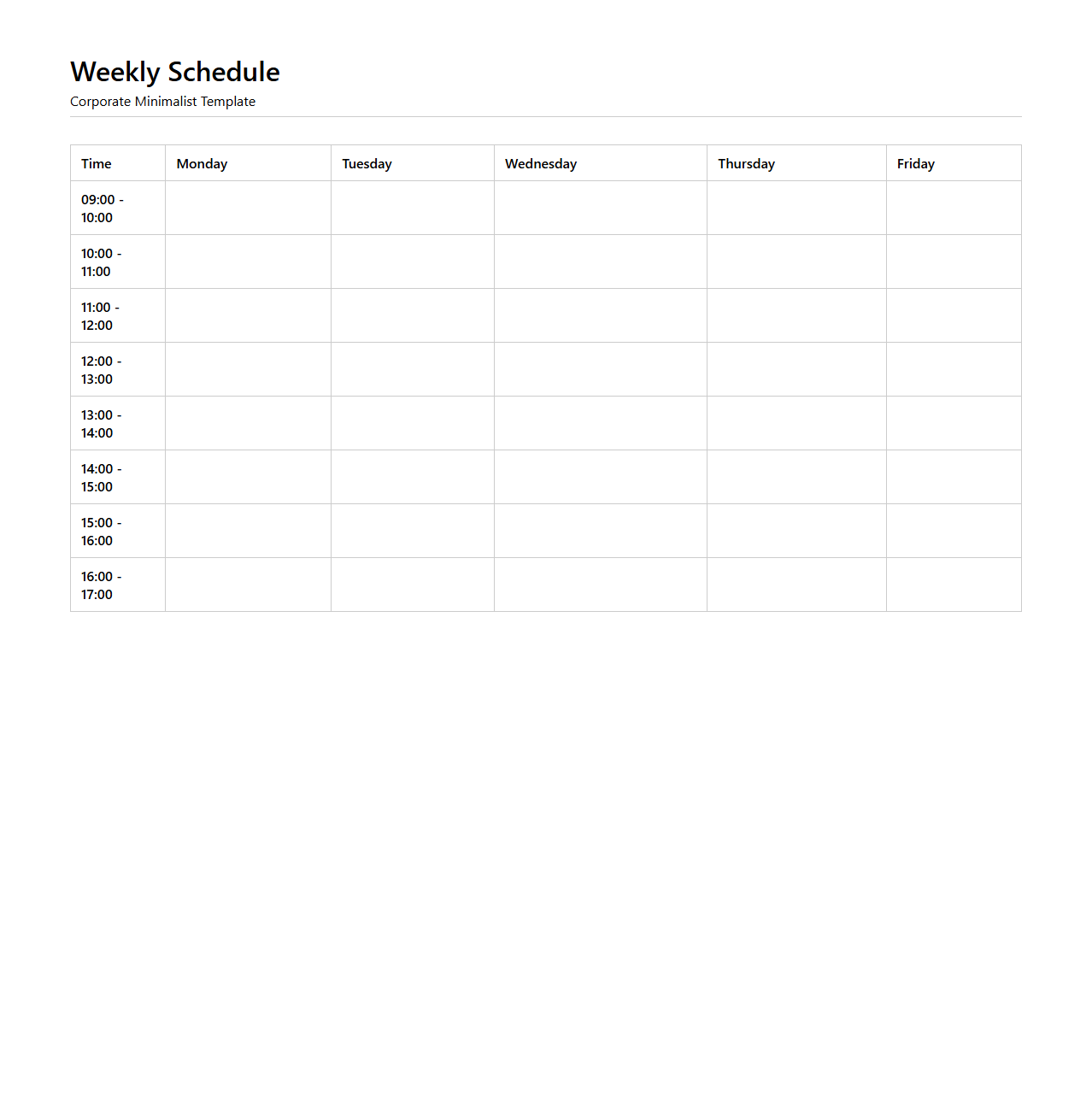Minimalist Corporate Weekly Schedule Template