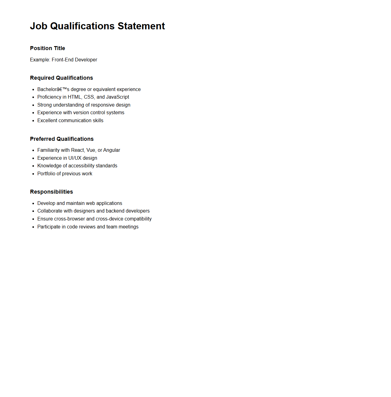 Minimalist Job Qualifications Statement Page