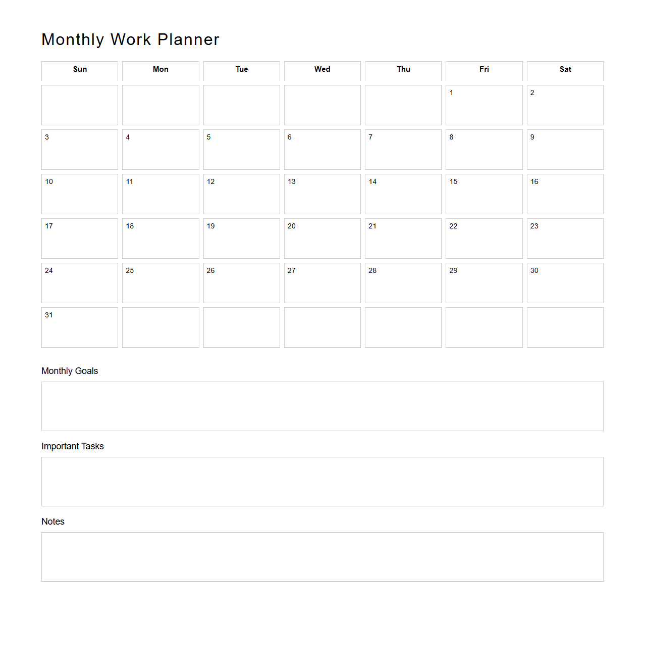 Minimalist Monthly Work Planner
