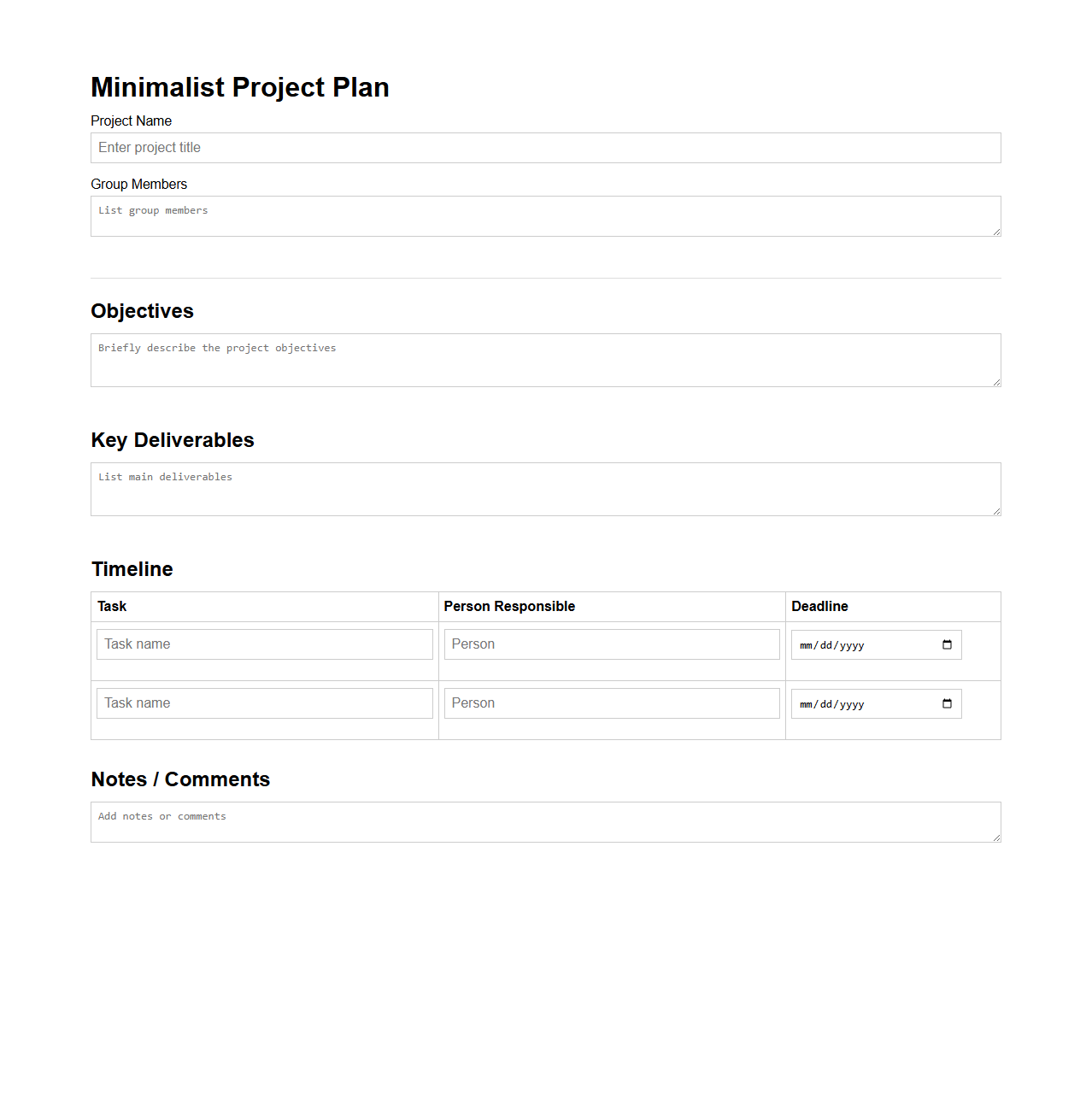 Minimalist Project Plan Format for Group Work