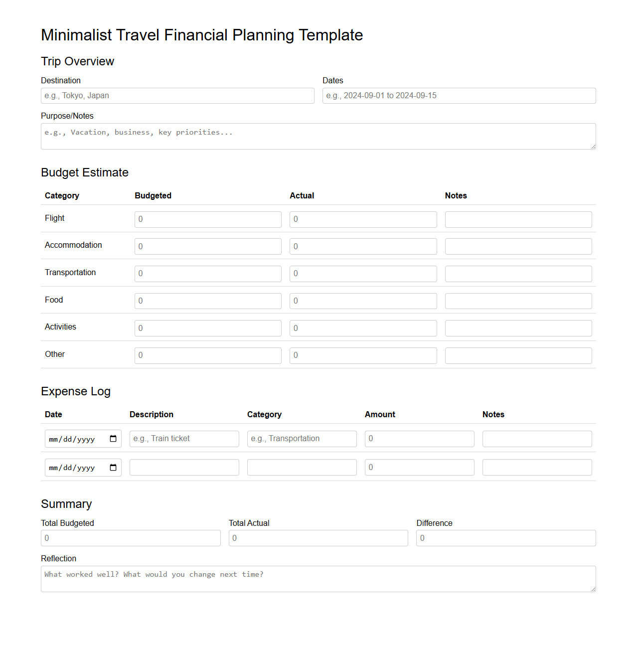 Minimalist Travel Financial Planning Template
