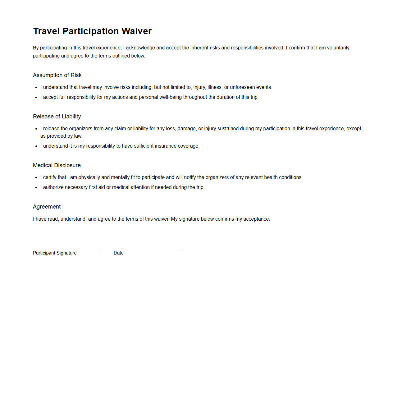 Minimalist Travel Participation Waiver