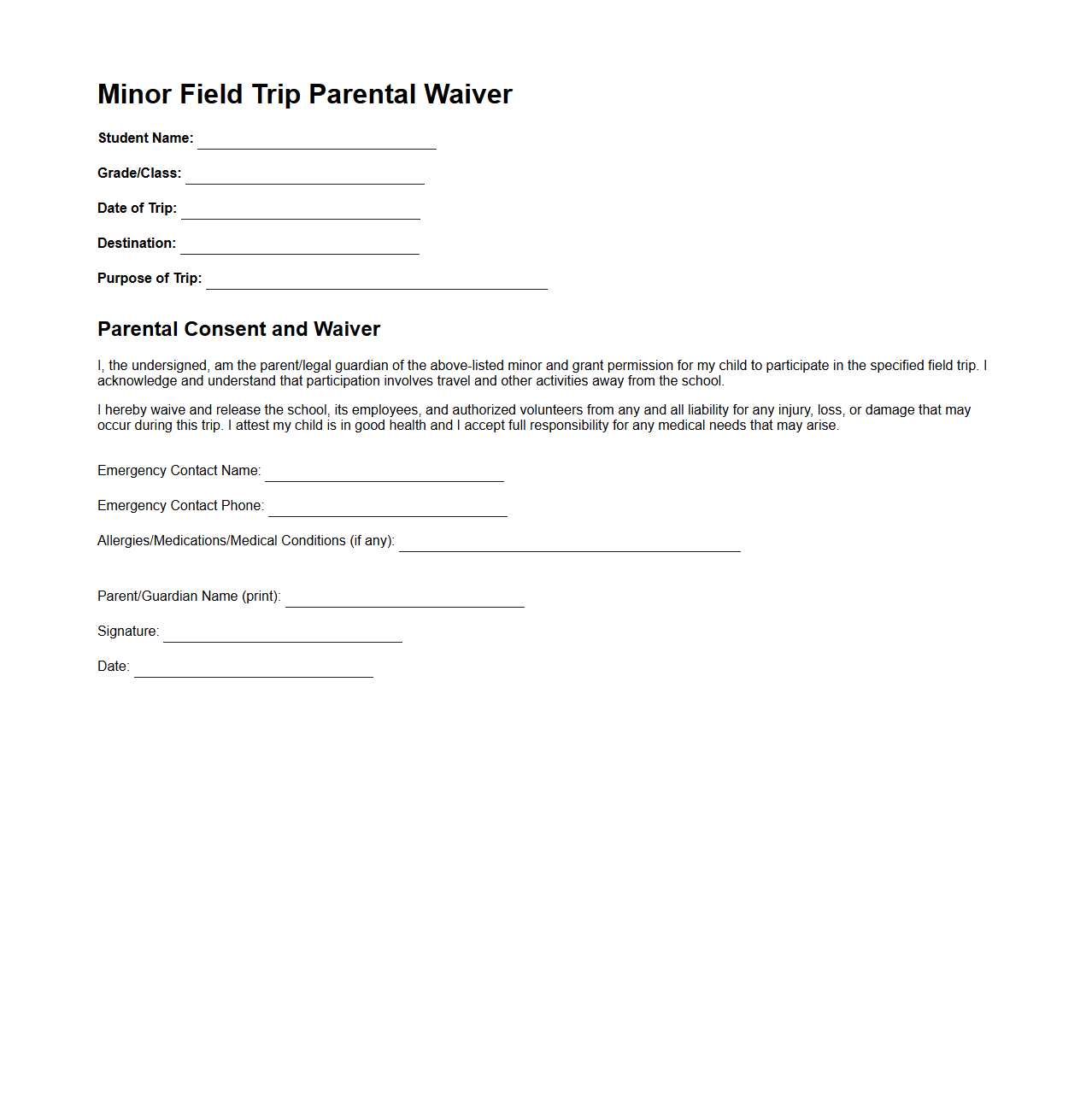 Minor Field Trip Parental Waiver Template