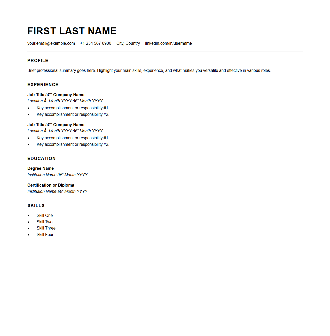 Monochrome Minimalist Resume Sheet for Versatile Use