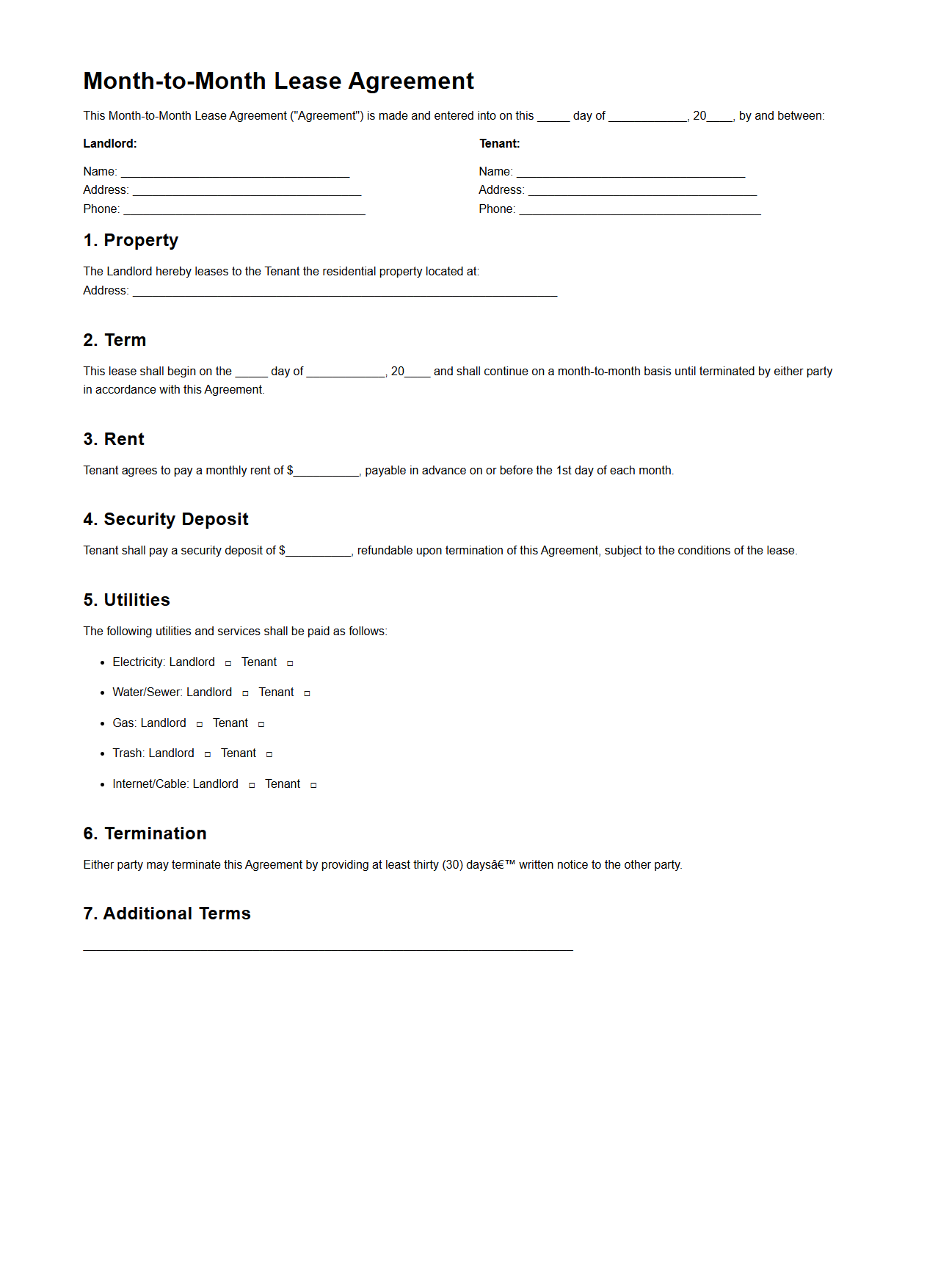Month-to-Month Lease Document for Rental Properties
