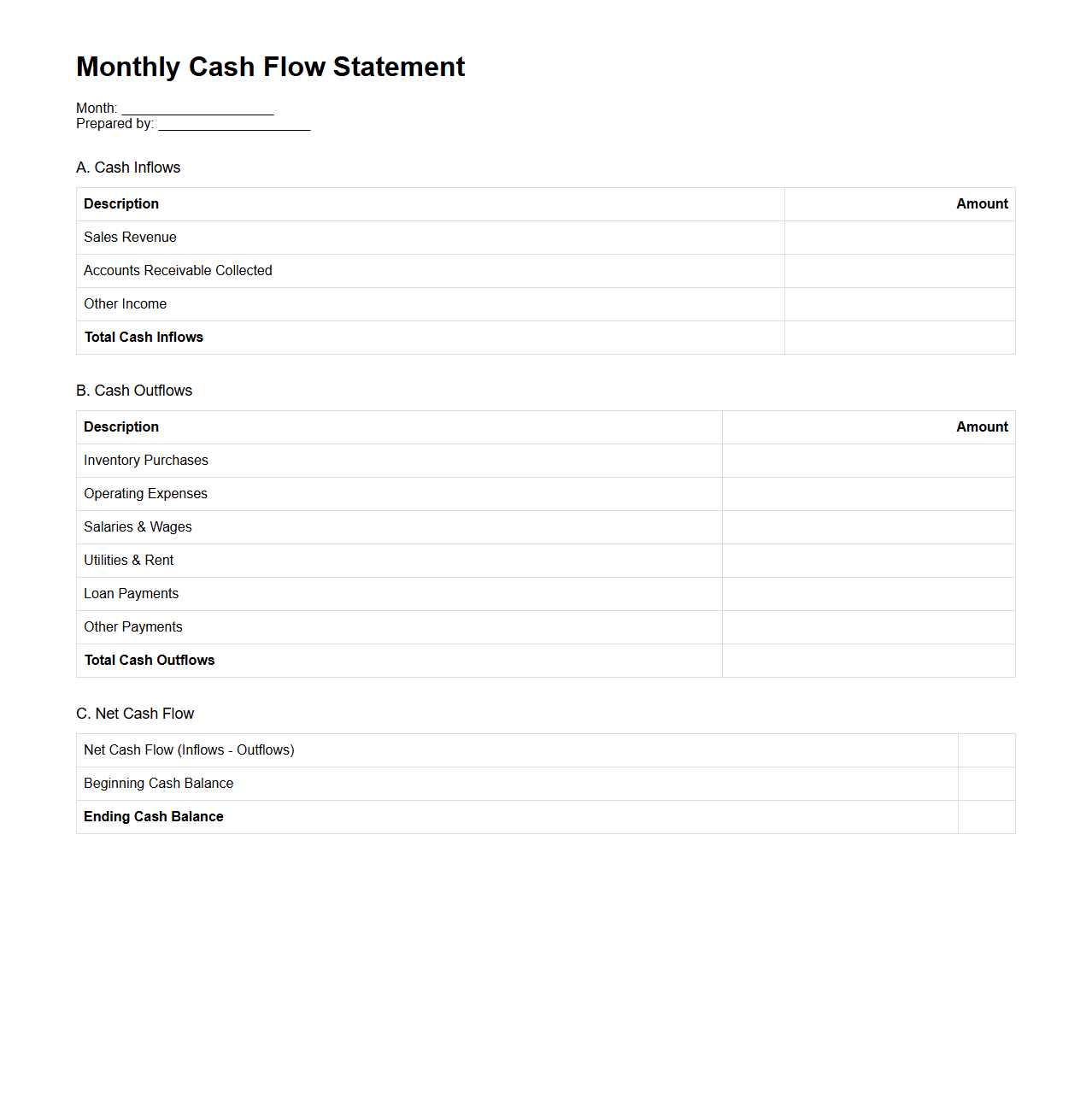 Monthly Cash Flow Statement Template for Bookkeeping