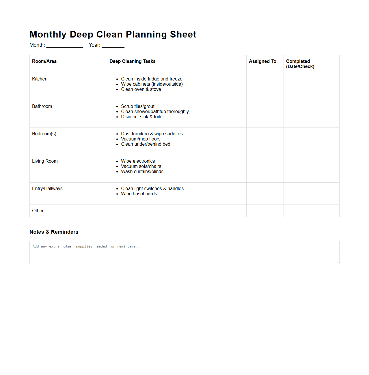 Monthly Deep Clean Planning Sheet