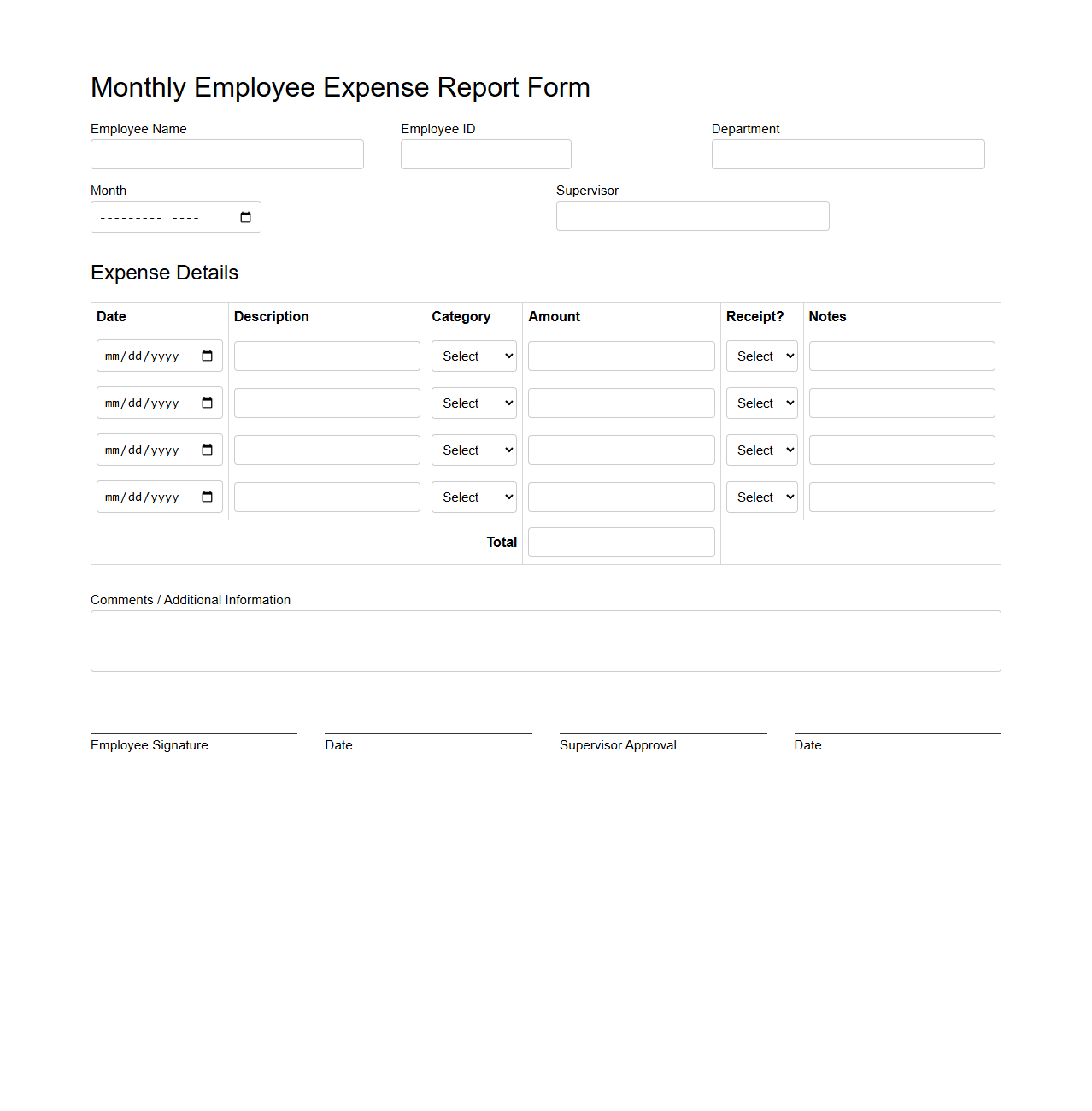 Monthly Employee Expense Report Form