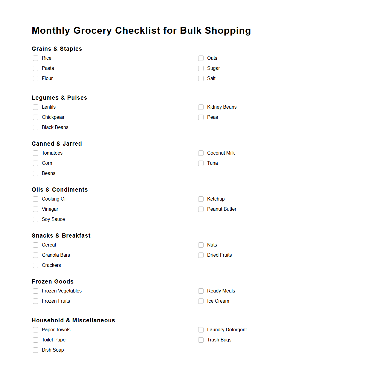 Monthly Grocery Checklist for Bulk Shopping