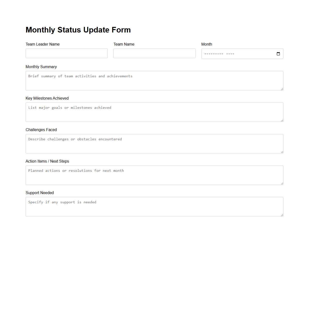 Monthly Status Update Form for Team Leaders