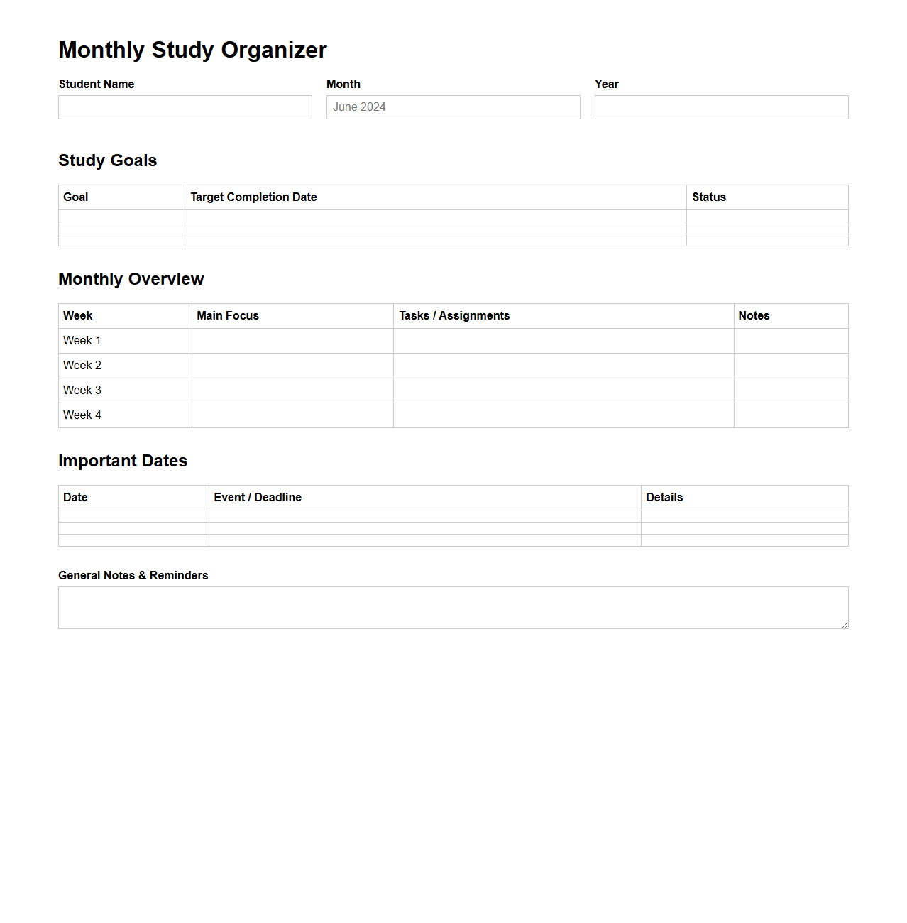 Monthly Study Organizer Template for Students
