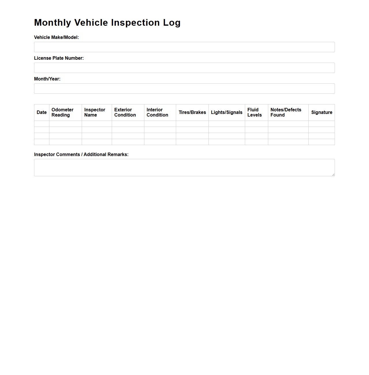 Monthly Vehicle Inspection Log Template