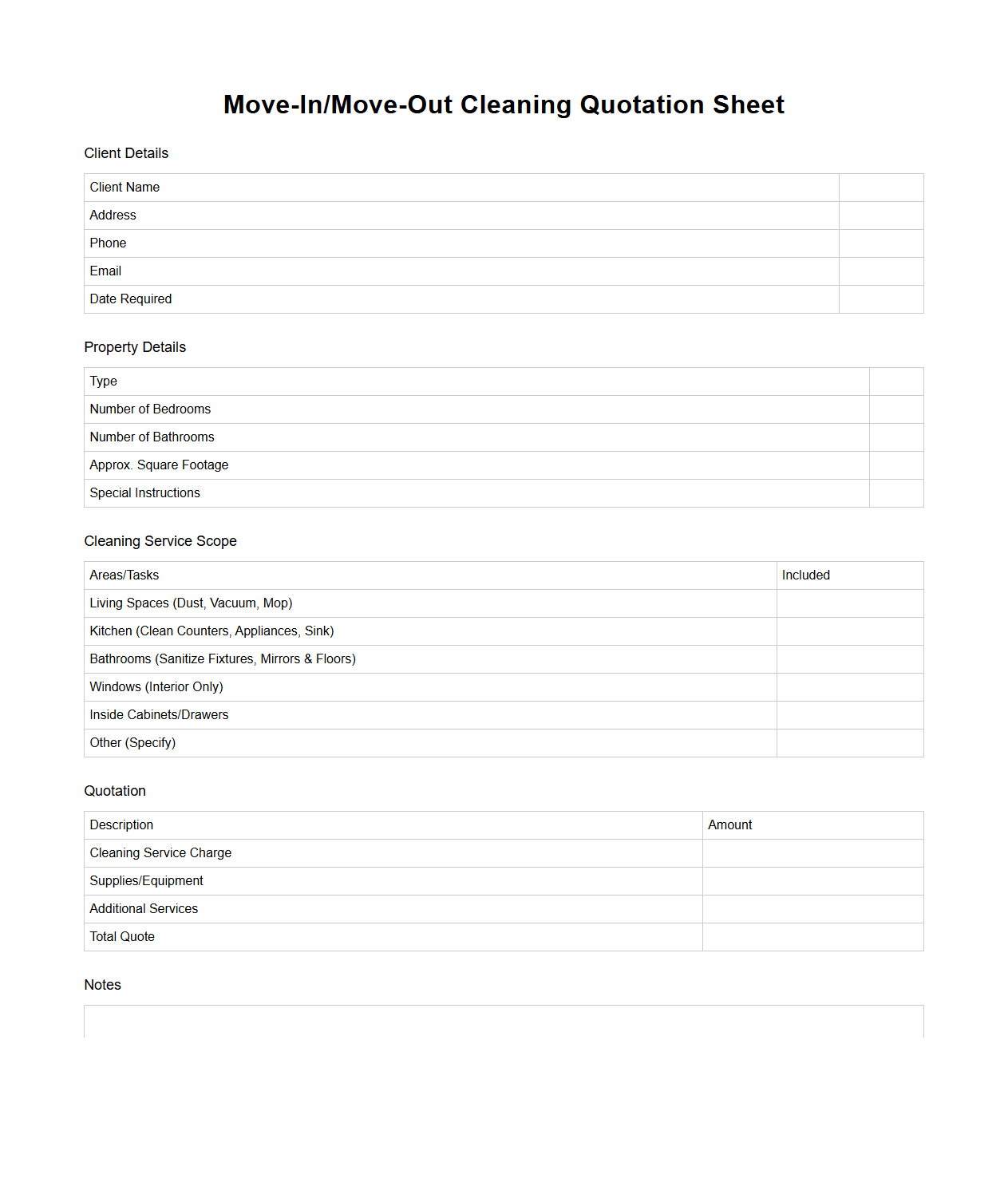 Move-In/Move-Out Cleaning Quotation Sheet