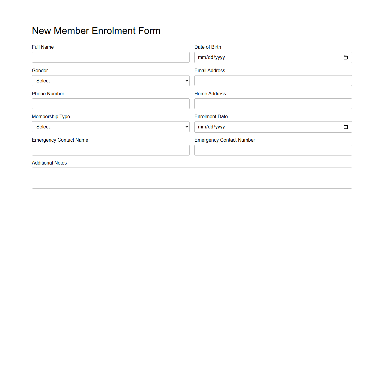New Member Enrolment Form Design