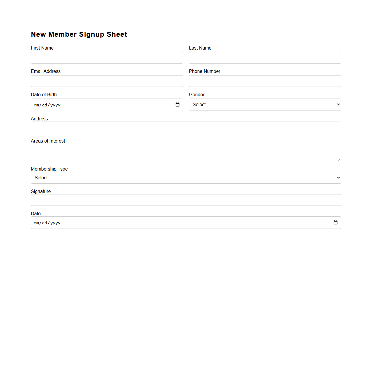 New Member Signup Sheet for Organizations