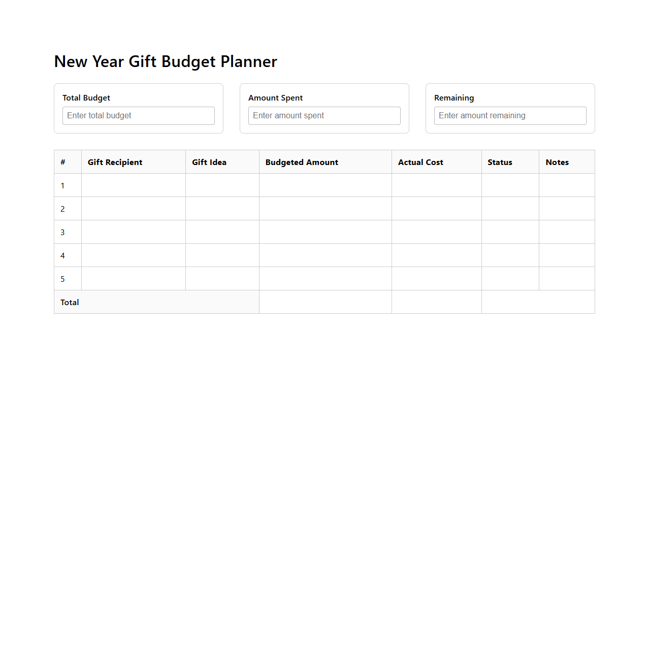 New Year Gift Budget Planner Template