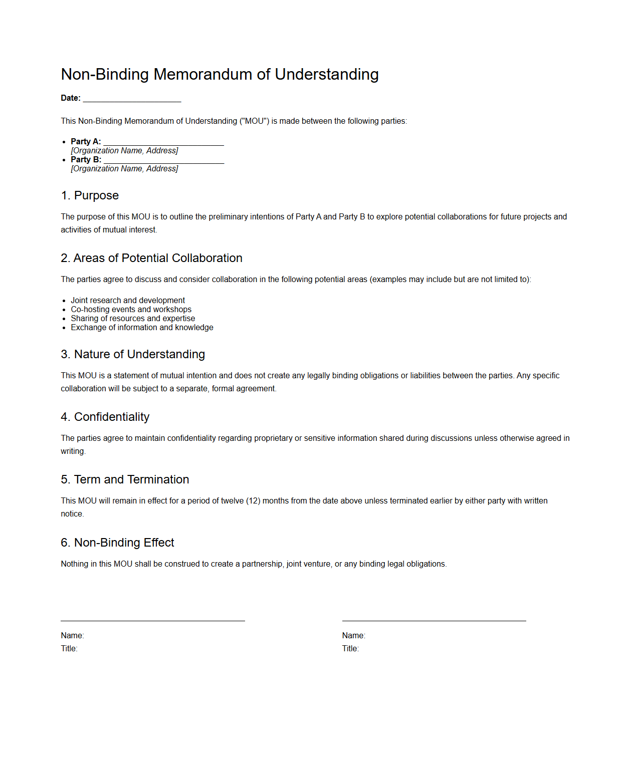 Non-Binding Memorandum of Understanding for Potential Collaborations