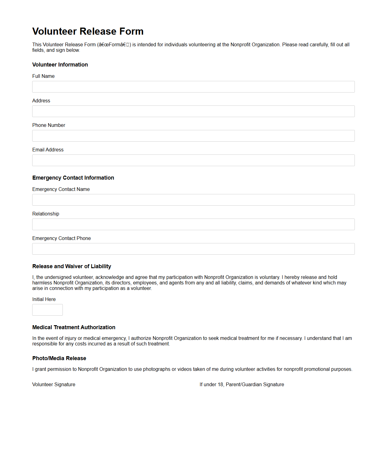Nonprofit Organization Volunteer Release Form Template