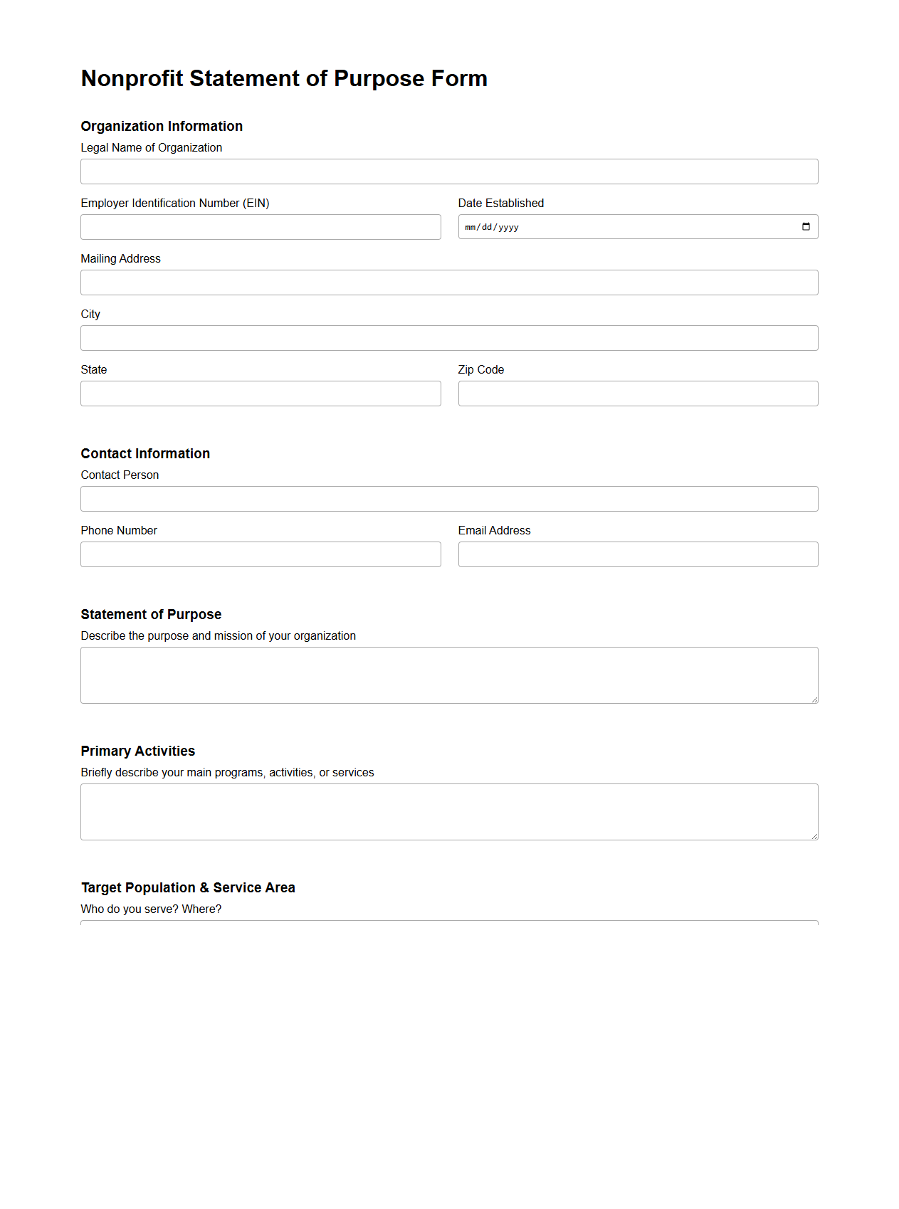 Nonprofit Statement of Purpose Form