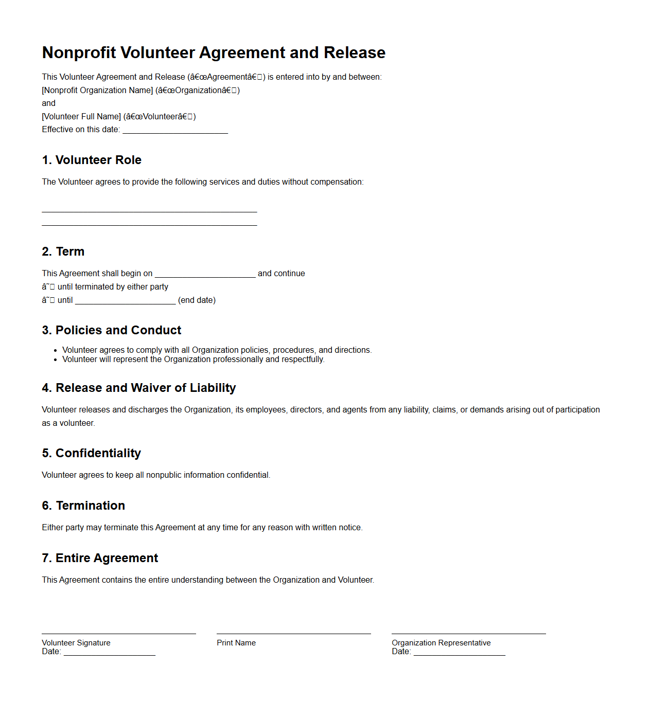 Nonprofit Volunteer Agreement and Release Template