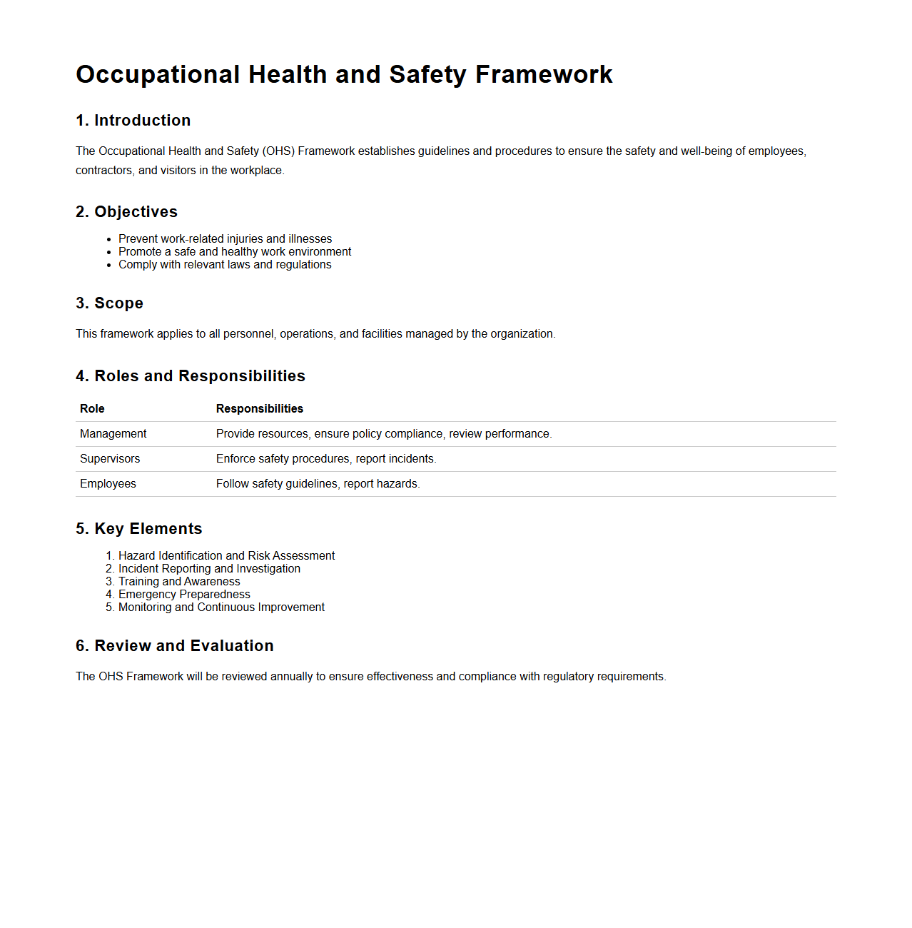 Occupational Health and Safety Framework