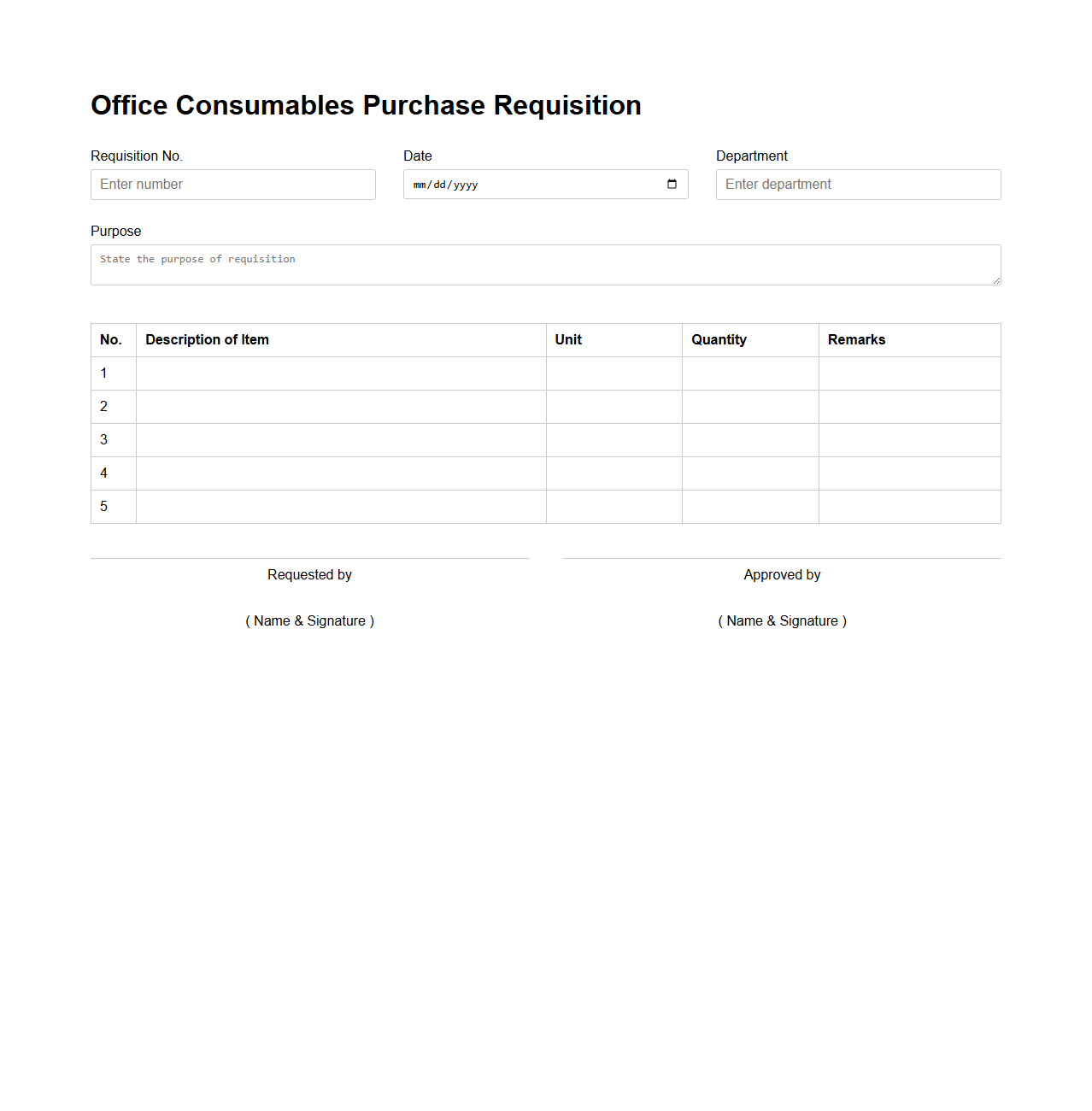 Office Consumables Purchase Requisition Layout