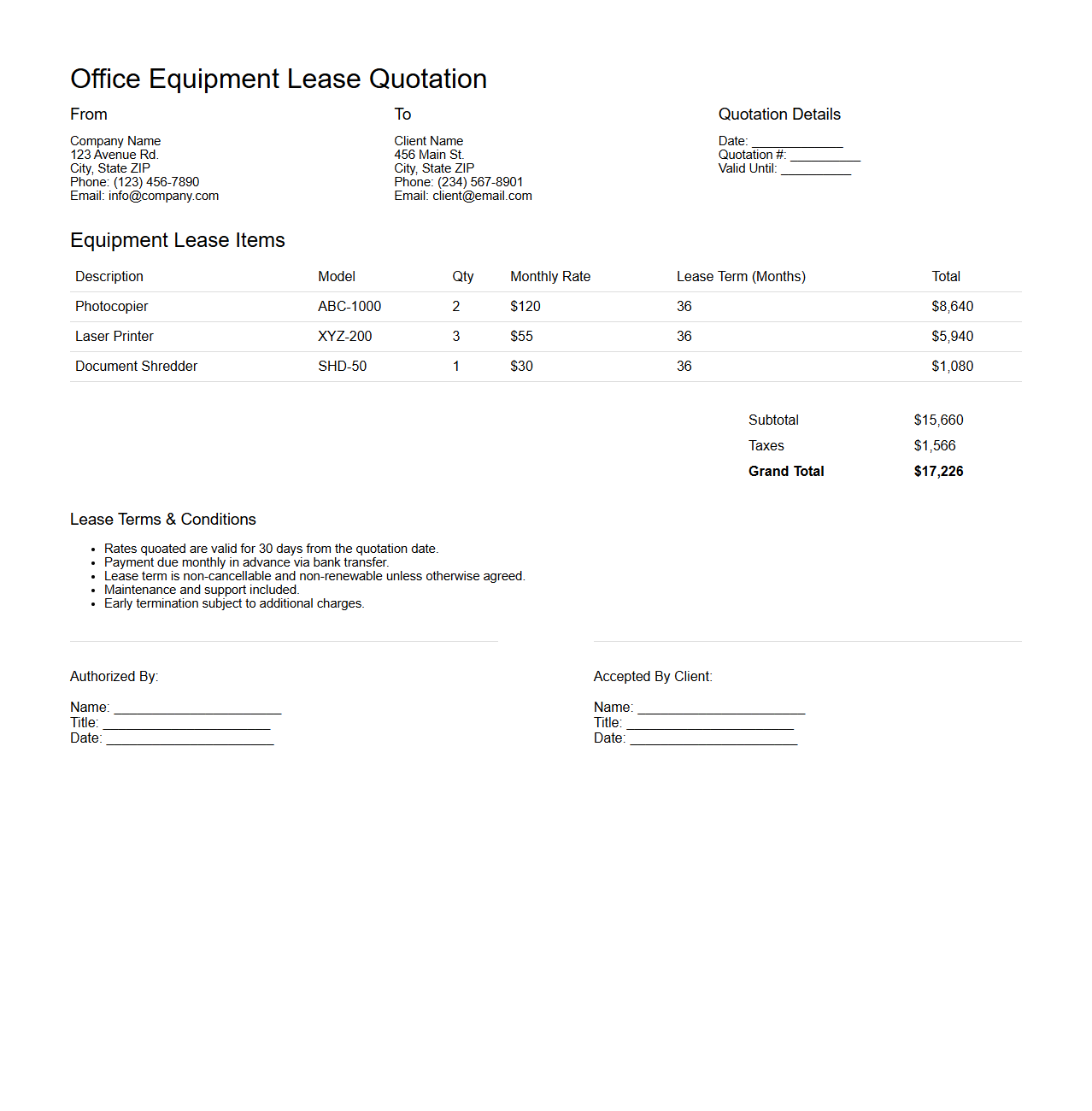 Office Equipment Lease Quotation Layout