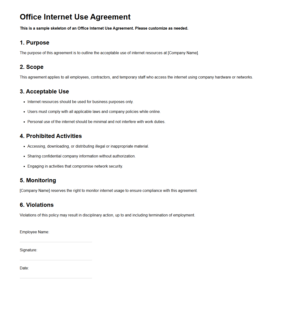 Office Internet Use Agreement Skeleton