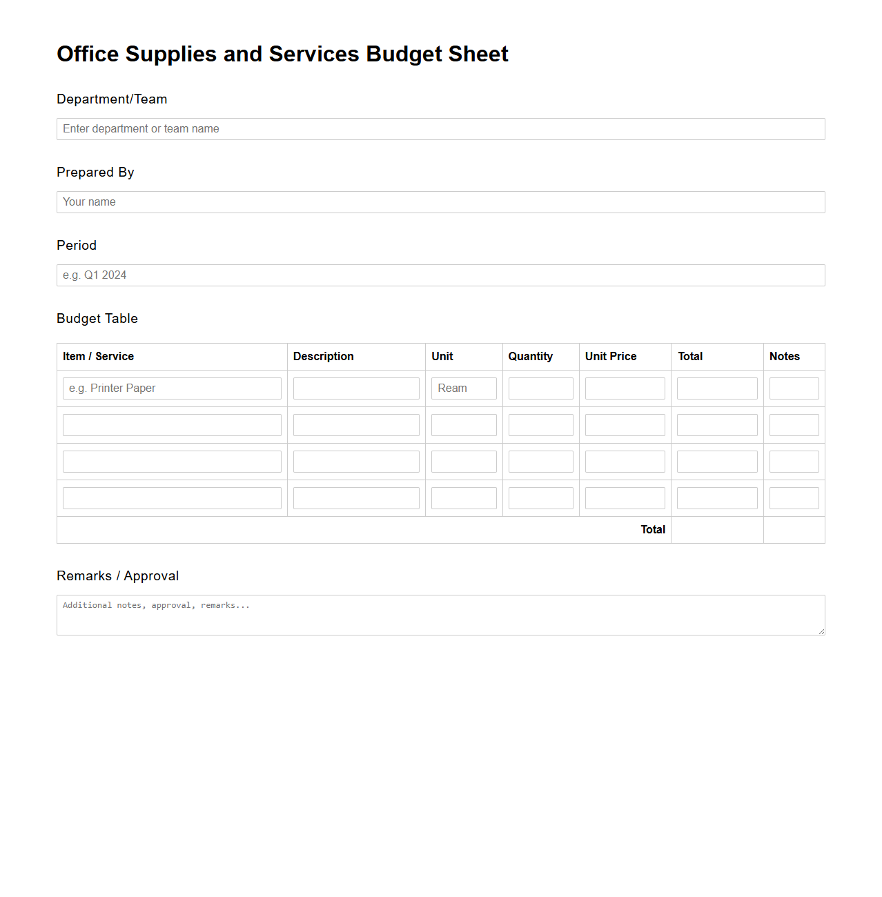 Office Supplies and Services Budget Sheet