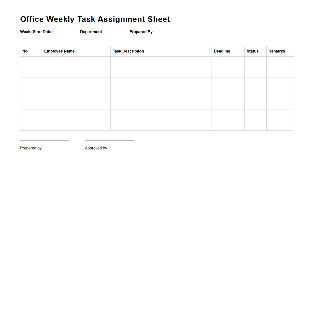 Office Weekly Task Assignment Sheet
