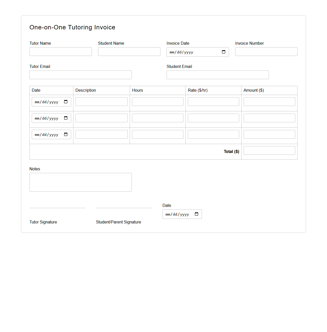 One-on-One Tutoring Invoice Blank Form
