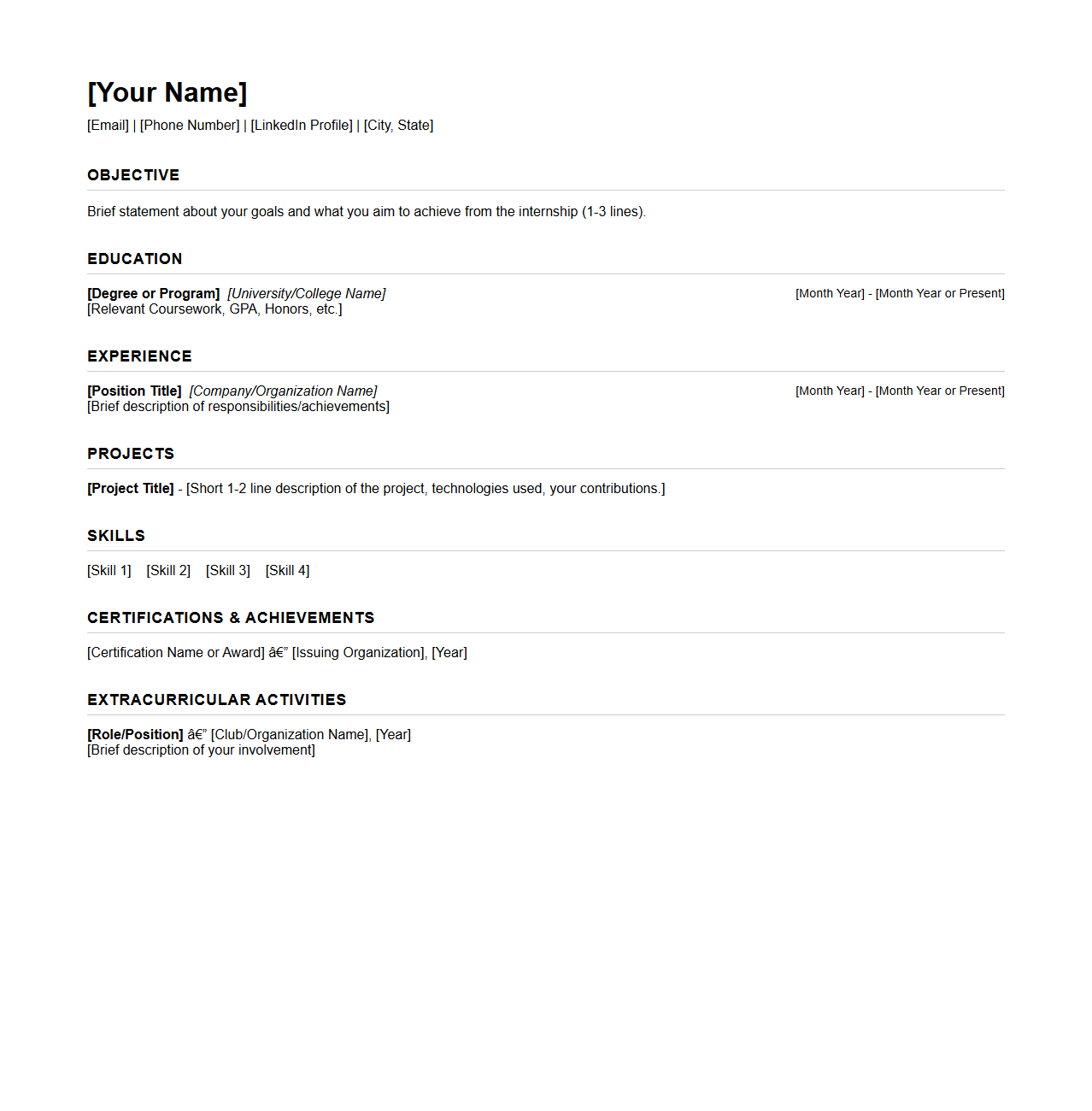 One-Page Blank Resume Format for Internship Seekers