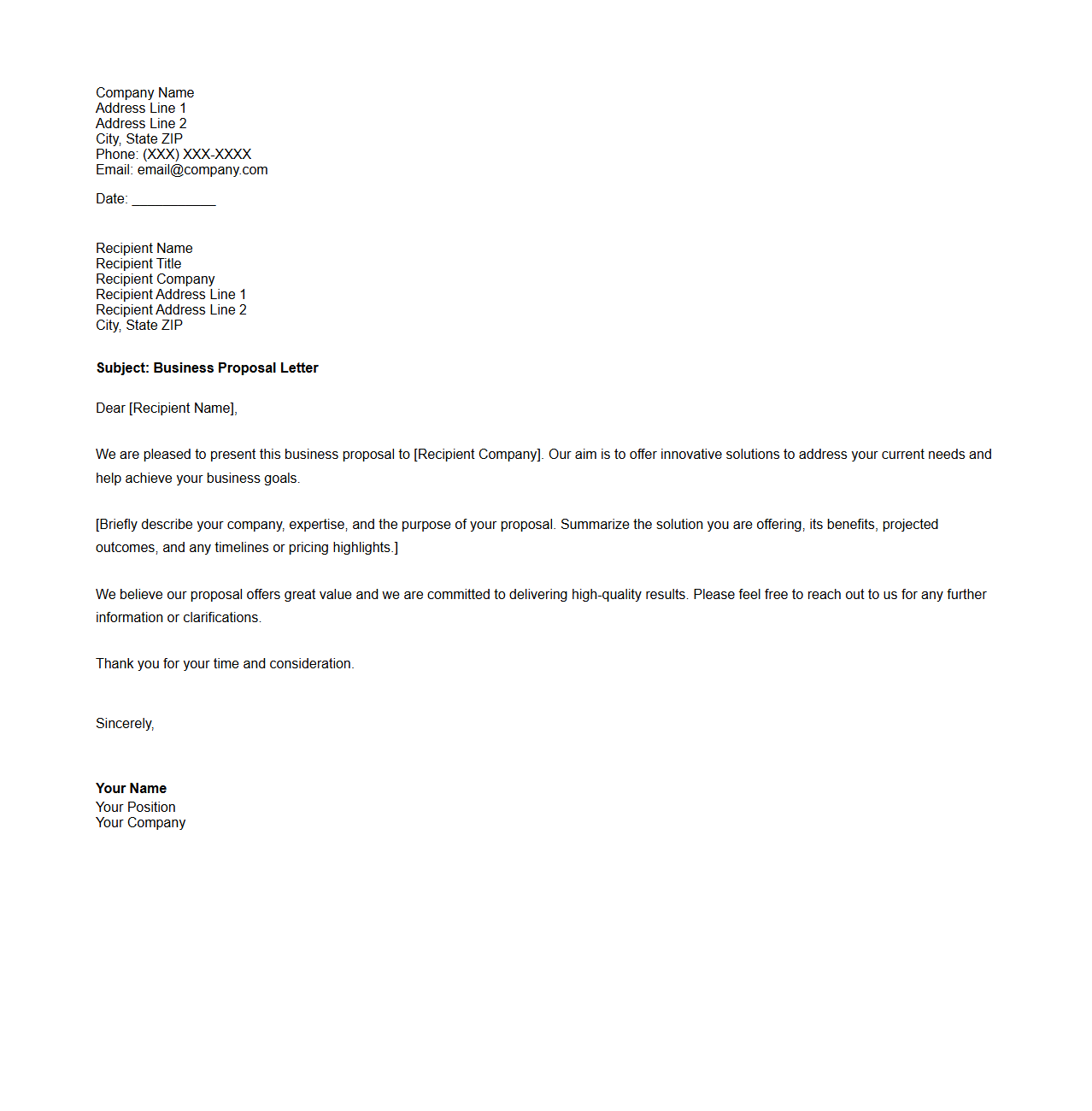 One-Page Business Proposal Letter Template