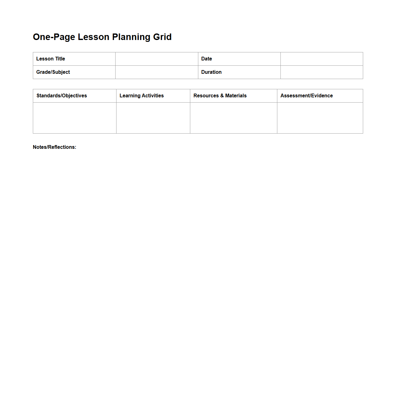 One-Page Lesson Planning Grid
